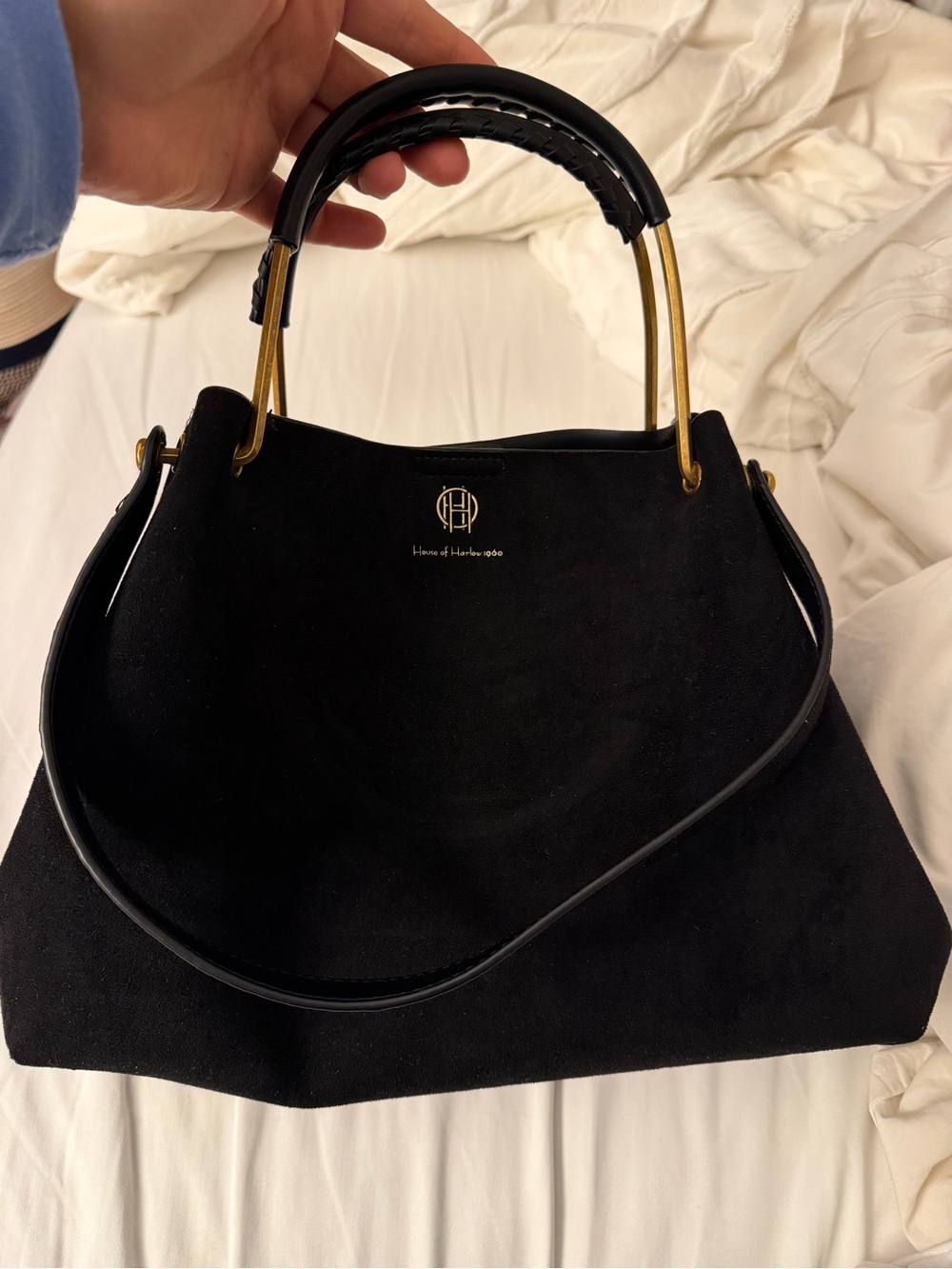 House of Harlow 1960 Black faux Suede Shoulder Bag with Gold Hardware - Picture 2 of 9
